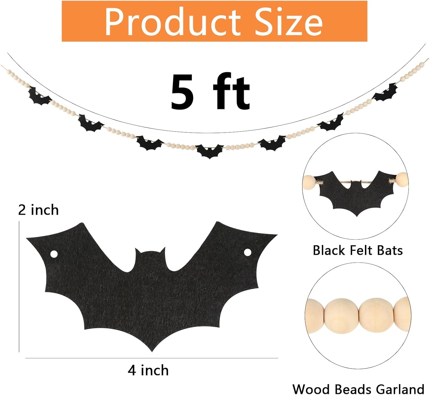 Halloween Decorations-Black Felt Bats Wood Beads Garland for Halloween Decorations Indoor- Farmhouse Felt Banner for Fireplace Mantel Walls