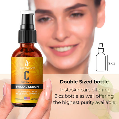 DOUBLE SIZED (2Oz) Vitamin C Serum for Face with Hyaluronic Acid and Vitamin E