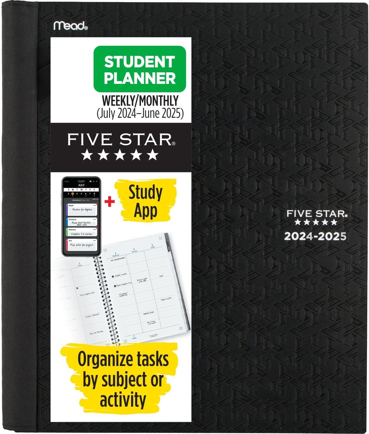 Spiral Notebook + Study App, 5 Subject, College Ruled Paper, Advance Notebook with Spiral Guard, Movable Tabbed Dividers and Expanding Pockets, 8-1/2" X 11", 200 Sheets, Black (73144)