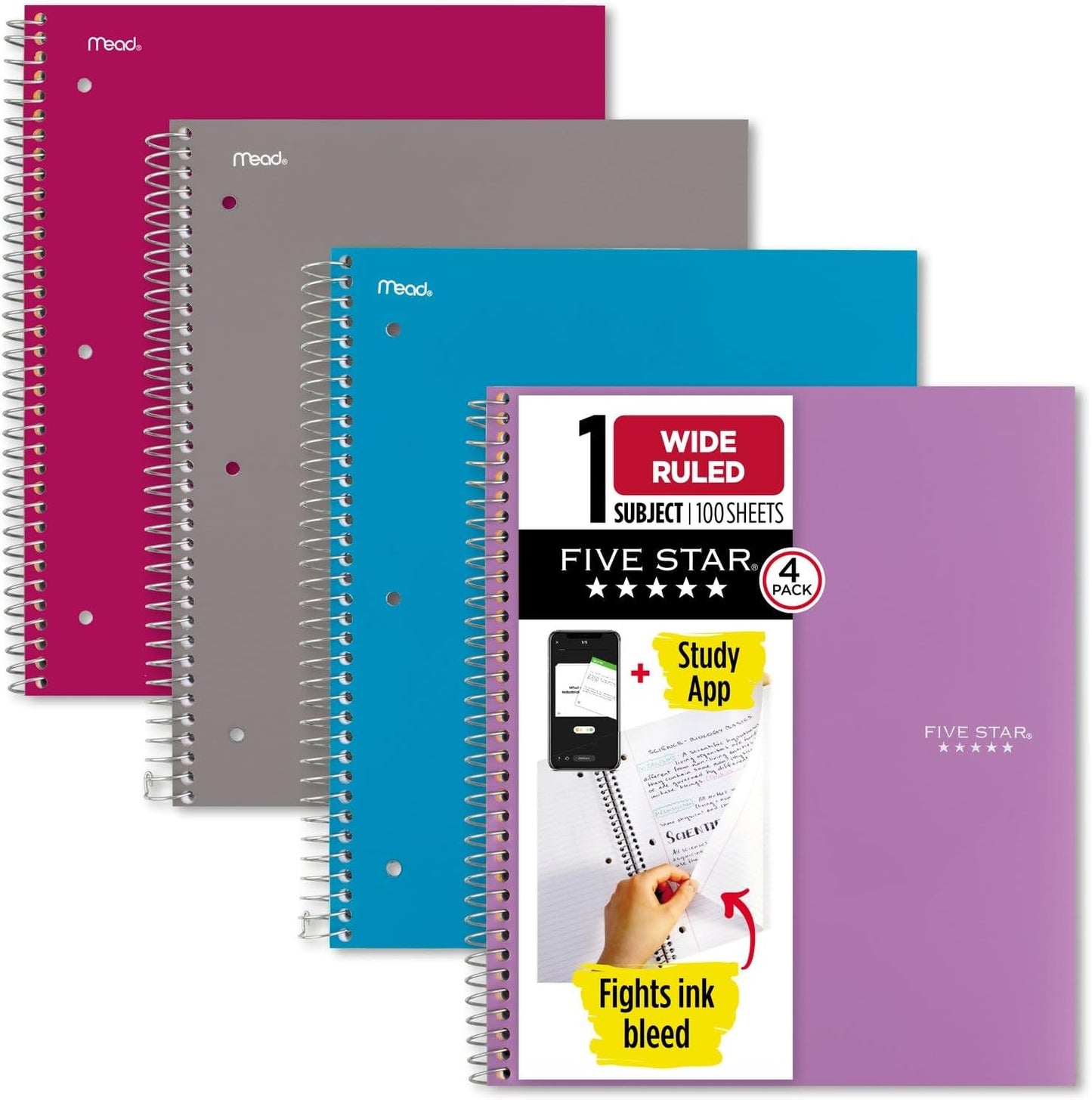 Spiral Notebooks + Study App, 4 Pack, 1 Subject, College Ruled Paper, 8-1/2" X 11", 100 Sheets, Purple, Pink, White, Green (820337-ECM)