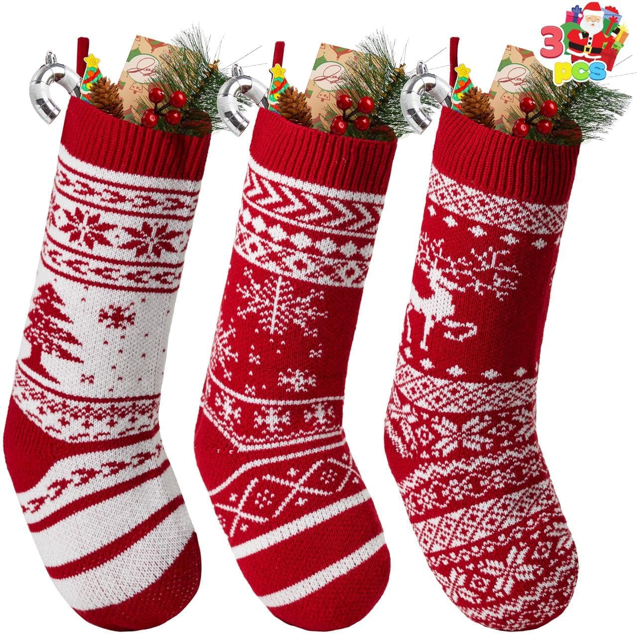 3 Pack 18” Knit Christmas Stockings, Reindeer/Christmas Tree/Snow Flakes Knitted Stocking Decorations for Holiday Tree Decor