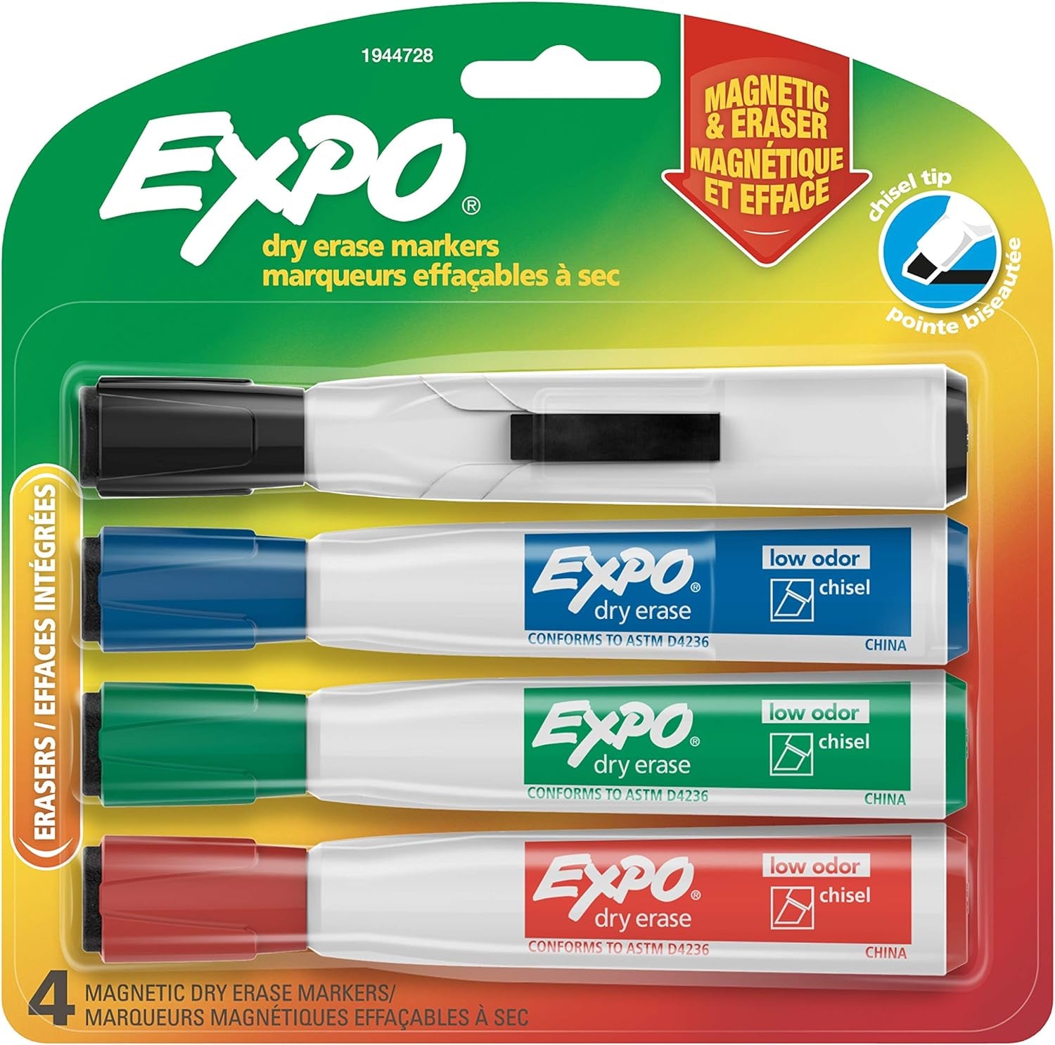 Magnetic Dry Erase Markers with Eraser, Chisel Tip, Black, 4 Count