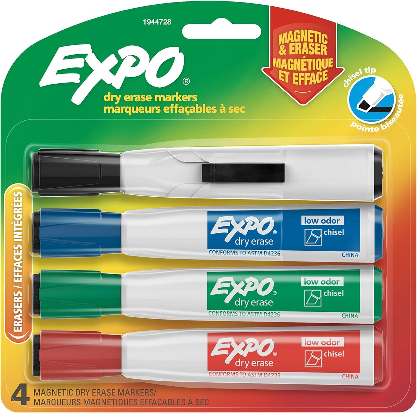 Magnetic Dry Erase Markers with Eraser, Chisel Tip, Assorted, 4 Count