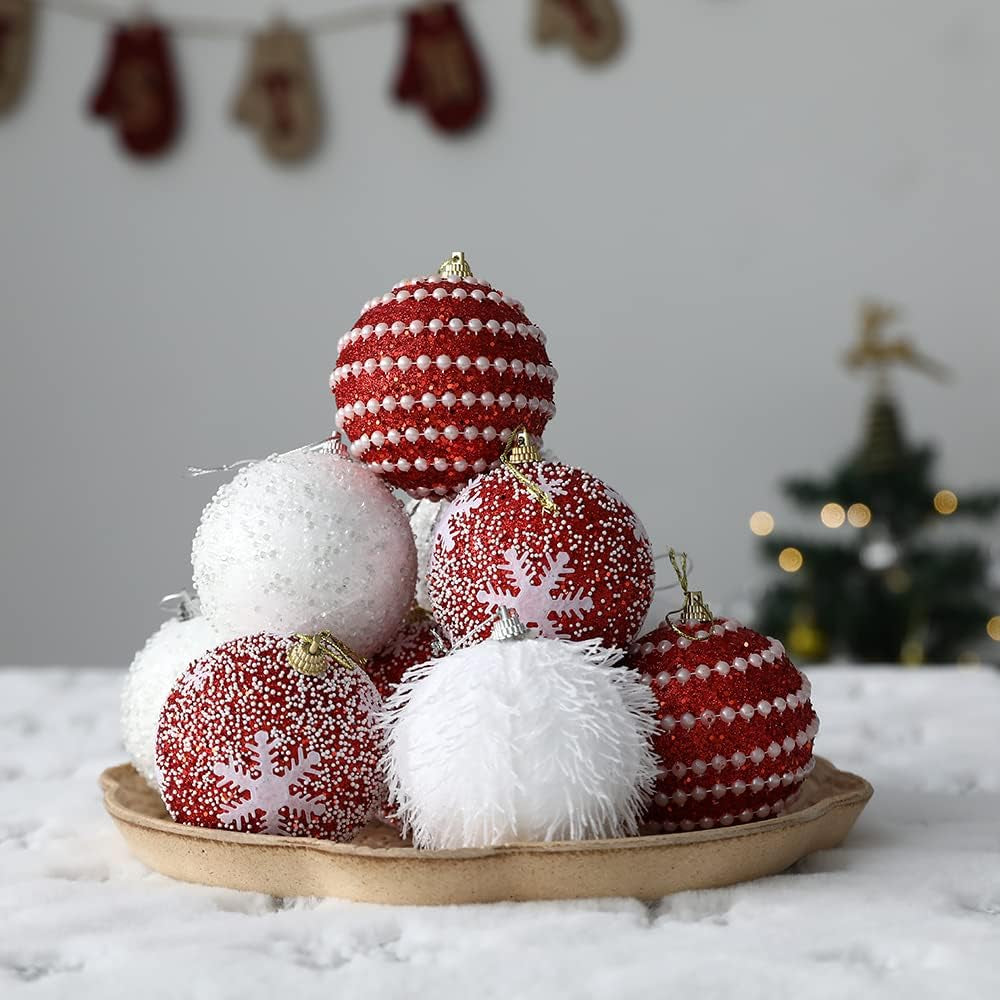 Christmas Tree Ball Ornament Set 16Pcs 80Mm/3.15Inch Red White Glittering Shatterproof Foam Christmas Ball Ornaments Xmas Tree Decor Holiday Decoration