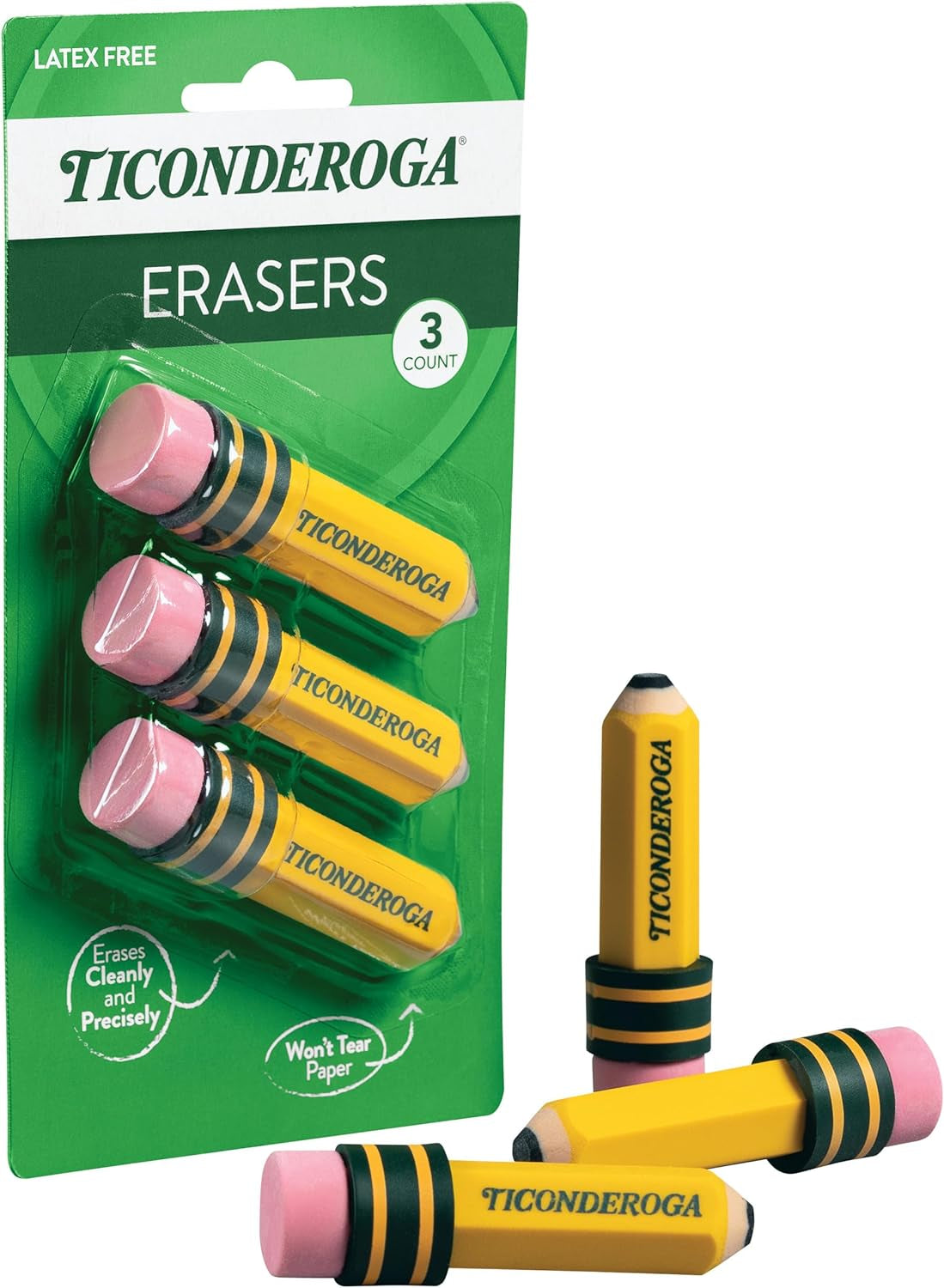 Erasers, Pencil Shaped, Latex-Free, Yellow, 3-Pack (38953)