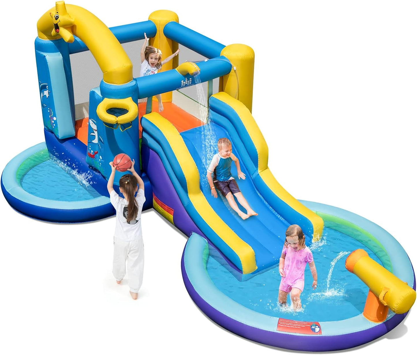 Inflatable Water Slide, 2 in 1 Ocean Bounce House Water Slide with Ball Pit & Splash Pool for Kids Outdoor Fun, Bouncy Castle Waterslides Inflatables for Kids Boys Girls Backyard Party Gifts