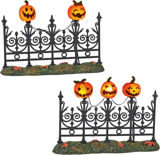 6005557 Village Collection Accessories Halloween Jack-O-Lantern Miniature Lit Fence Figurine Set, 3 Inch, Multicolor