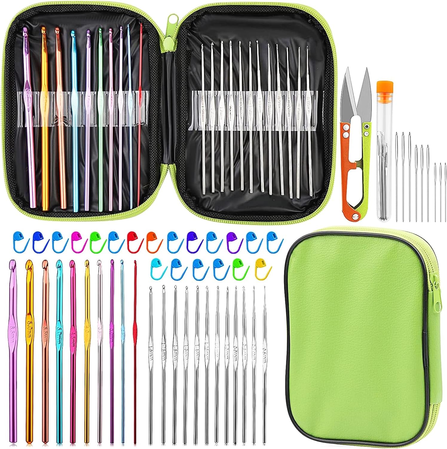 54 Pcs Crochet Needles Set, Crochet Hooks Kit with Storage Case, Ergonomic Knitting Needles Blunt Needles Stitch Marker DIY Hand Knitting Craft Art Tools for Beginners