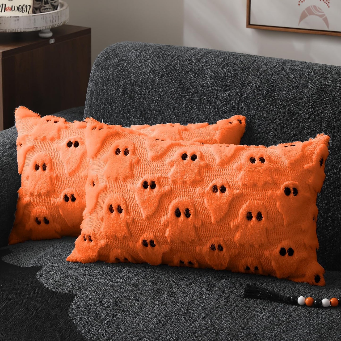 Halloween Pillow Covers 12X20 Inch Set of 2 Orange Ghost Throw Pillow Cases Soft Plush Faux Fur Wool Couch Cushion Case for Chair Sofa Bedroom Living Room Home Decor PTK03C12