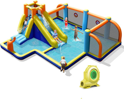 Inflatable Water Slide Park, 9 in 1 Mega Waterslide Bounce House for Outdoor W/Dual Slides, Giant Splash Pool, 735W Blower, Water Slides Inflatables for Kids and Adults Backyard Party Gifts