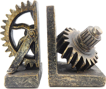 Decorative Bookend Gear Book Ends Industrial Rustic Vintage Unique Heavy Statues Bookshelves Support Home Decor Accents (Large)