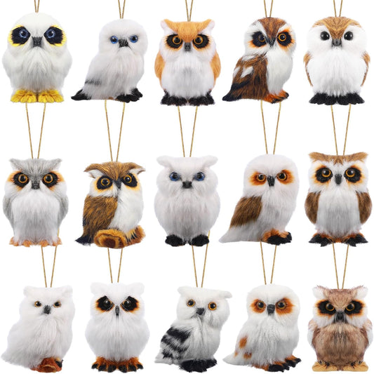 15 Pieces Animal Ornaments, Woodland Faux Fur Animal Hanging Ornament Bulk Plush Simulation Animal Fall Christmas Tree Ornaments for Home Backpack Party Holiday Decoration (Various Owls)