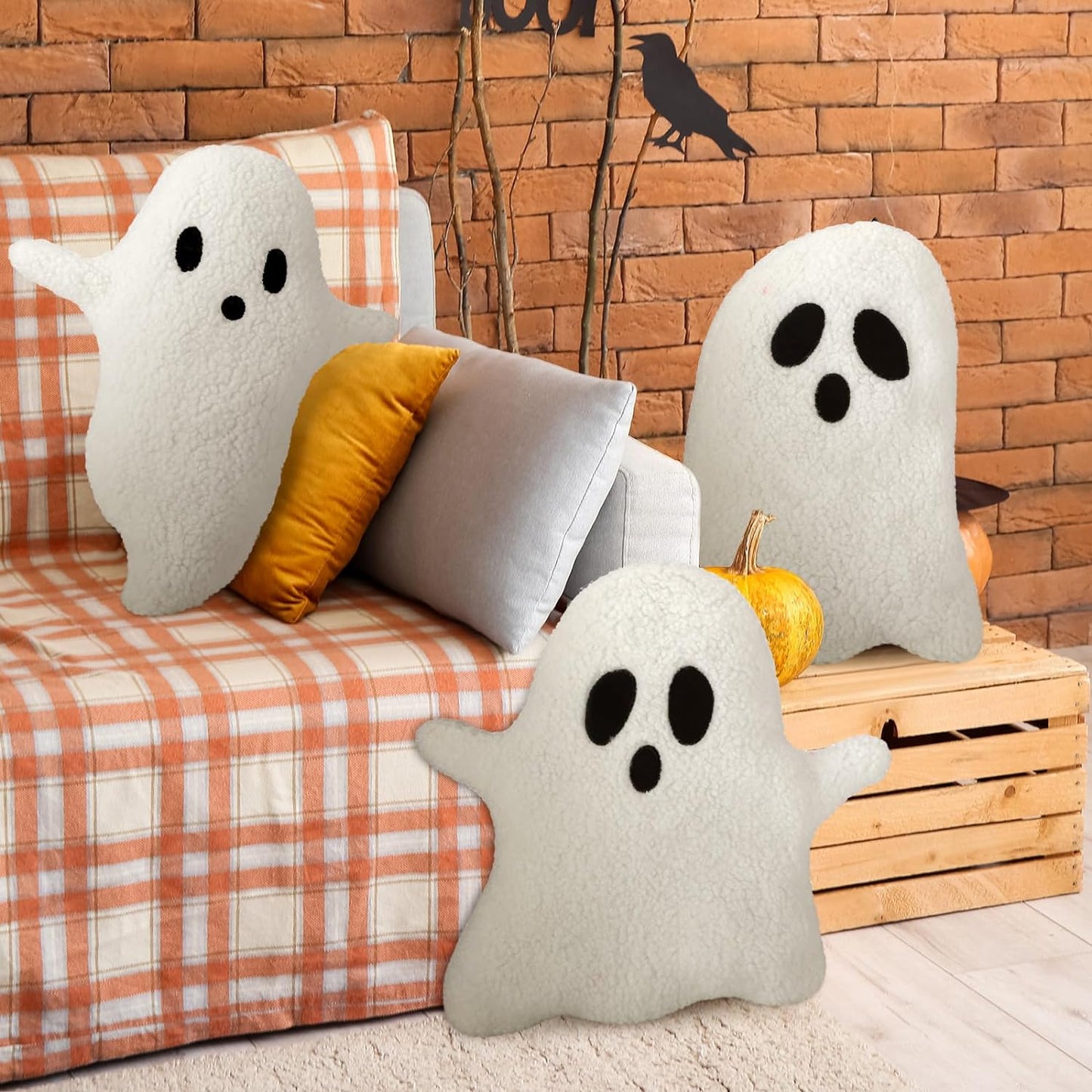 3 Pcs Halloween Pillows 12.6'' X 9.45'' Decorative Spooky Pillows for Sofa White Throw Pillows Decorative Plush Sofa Ghost Cushion for Indoors Home Outdoor Couch Kids