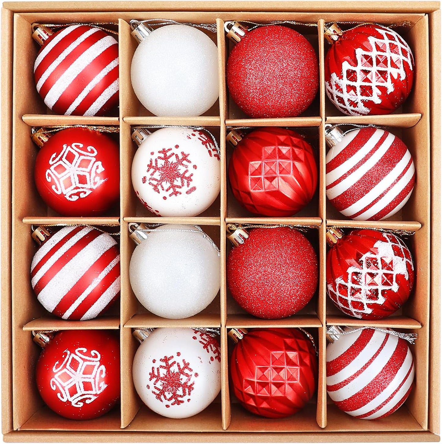 16PCS Christmas Ball Ornaments, 2.36 Inch Red and White Christmas Tree Ornaments with Glittering, Shatterproof Baubles for Christmas Tree Decorations, Wreaths, Garlands