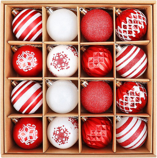 16PCS Christmas Ball Ornaments, 2.36 Inch Red and White Christmas Tree Ornaments with Glittering, Shatterproof Baubles for Christmas Tree Decorations, Wreaths, Garlands