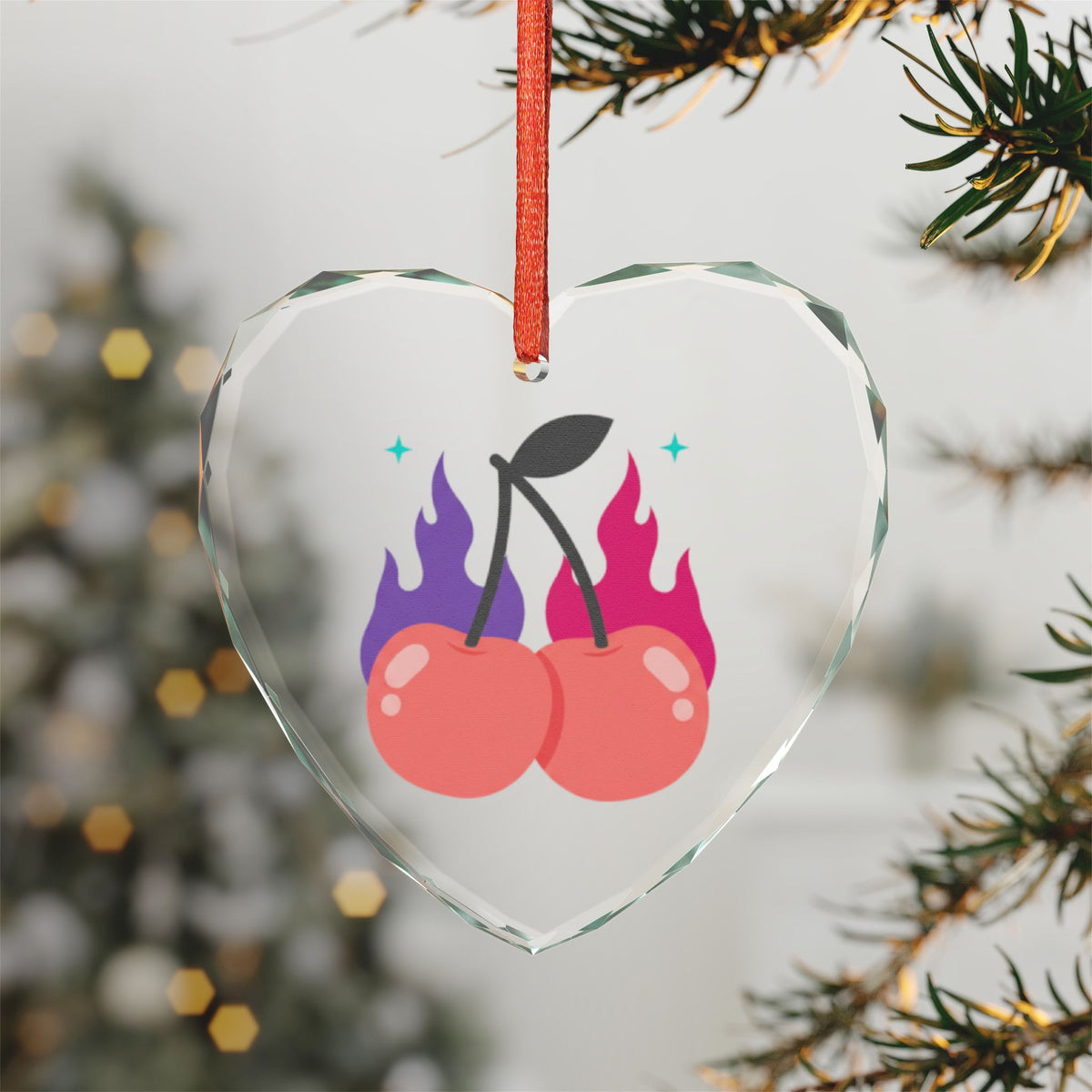 Cherry Pair Flames | Heart Crystal Glass Ornament for Valentine Decor | Galentine’s, Couples, Friends | Y2K Aesthetic
