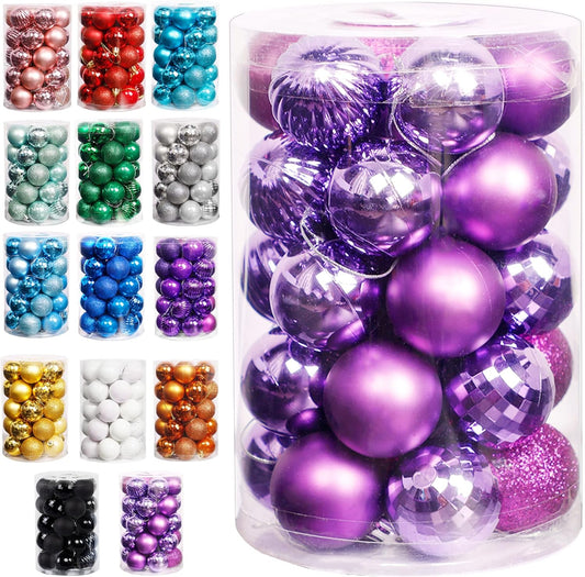 Christmas Hanging Ornaments, 34 Count Pre-Strung Plastic Balls, Shatterproof Barrel Packed Balls for Holiday Party Wreath Tabletop Tree Decorations, 1.57 Inch, Purple