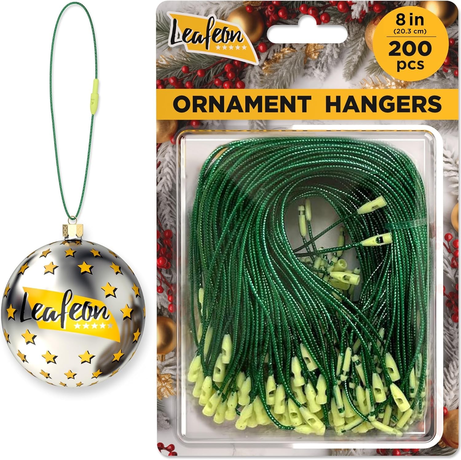 Christmas Ornament Hangers with Snap 200 Pcs - Green Christmas Ornament Hooks - Ornament String with Snap for Christmas Tree Holiday Party