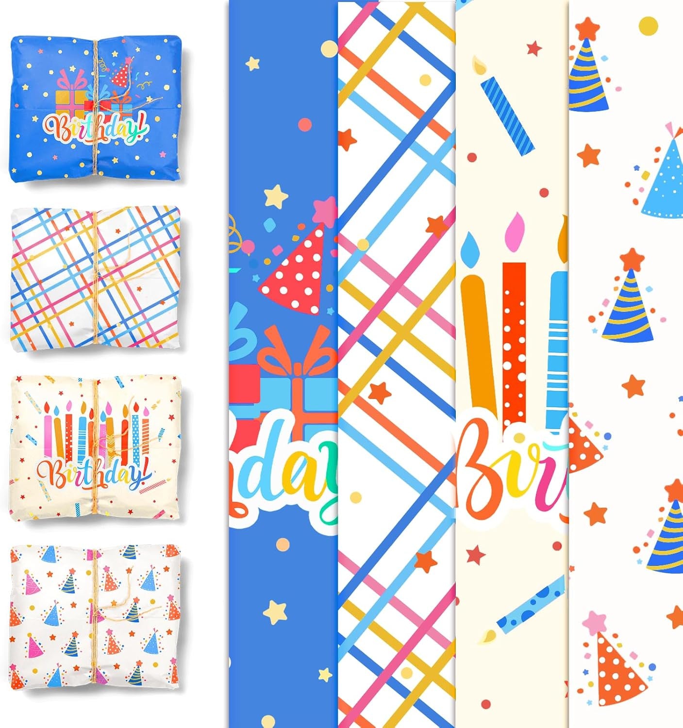 Birthday Party Supplies - 24 Sheets Rainbow Birthday Party Gift Wrapping Tissue Paper, Happy Birthday Gift Wrap Paper for Birthday Baby Shower Children'S Day