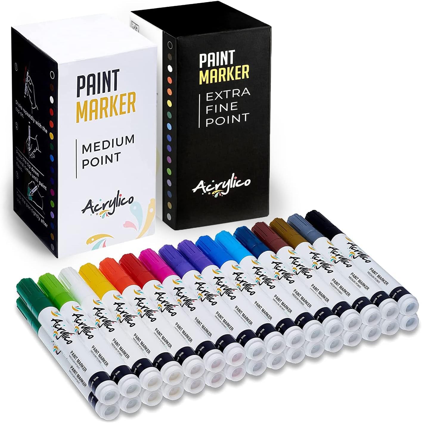 Acrylic Paint Pen Set of 32 - Extra Fine & Medium Tip Point with 8 Metallic Markers - Rock, Glass, Wood & Fabric Painting Art Supplies, Adults & Kids Arts Craft Kit for Scrapbooking & Drawing