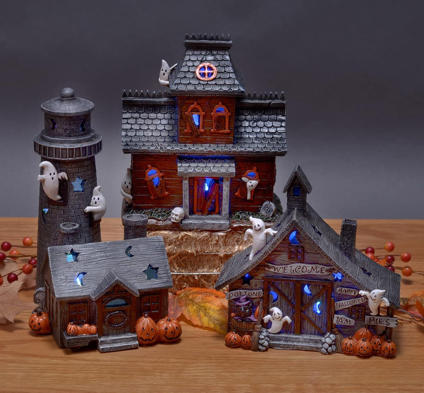 Spooky Halloween Color Changing Pre-Lit LED Haunted House Village Set, 8 Inch, Set of 3