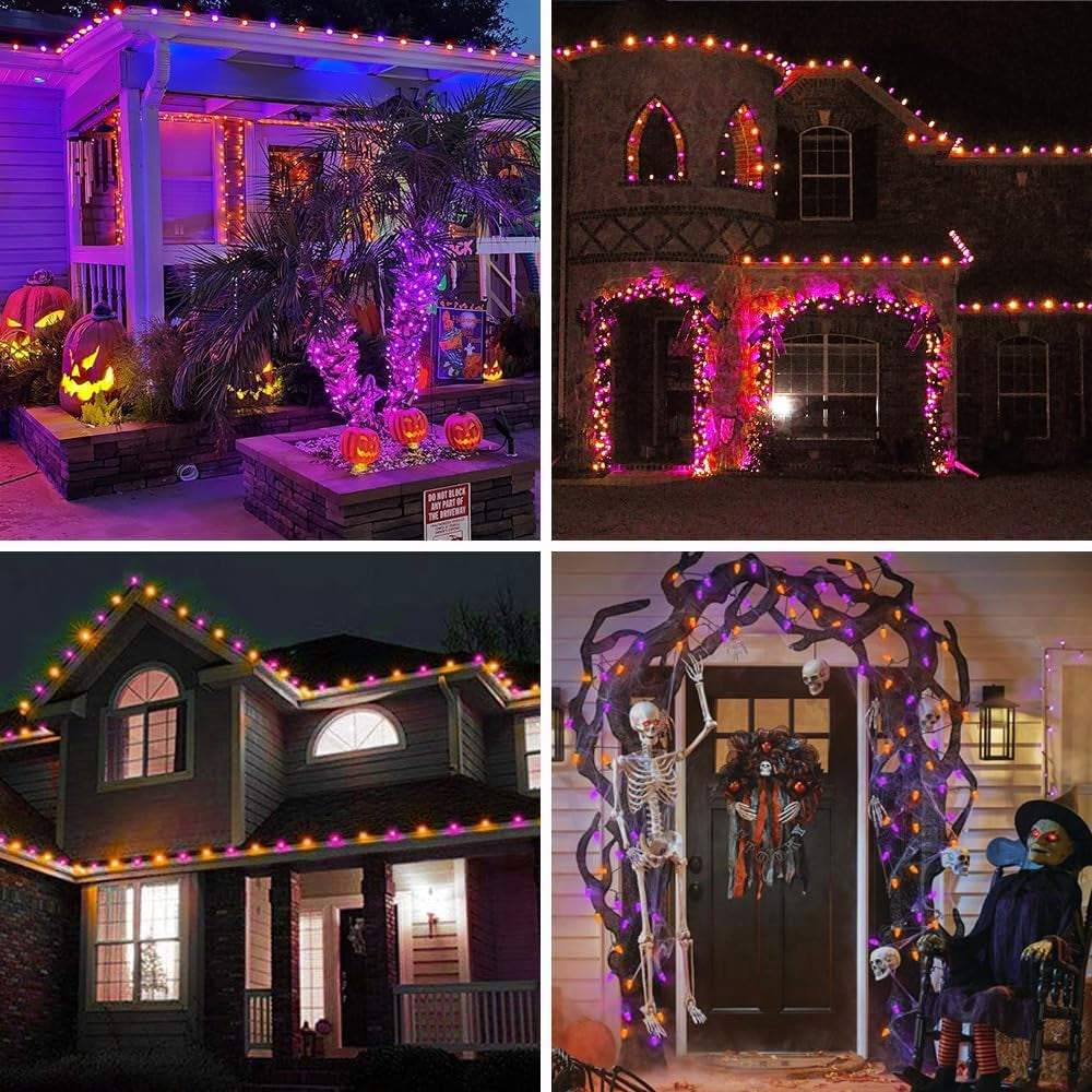 2PK 100 LED 98FT Orange and Purple C9 Halloween Lights Waterproof Indoor Outdoor, Extendable Halloween String Lights Green Wire for outside Party Trees Fall Lights Garden Halloween Decorations