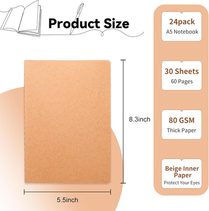 24 Pieces Blank Kraft Notebooks, 8.3X5.5 Inches A5 Small Journals Bulk Blank Notebooks 80 GSM Unlined with 60 Pages for Kids Students School Office Traveler Sketching/Drawing/Writing Supplies,30 Sheets