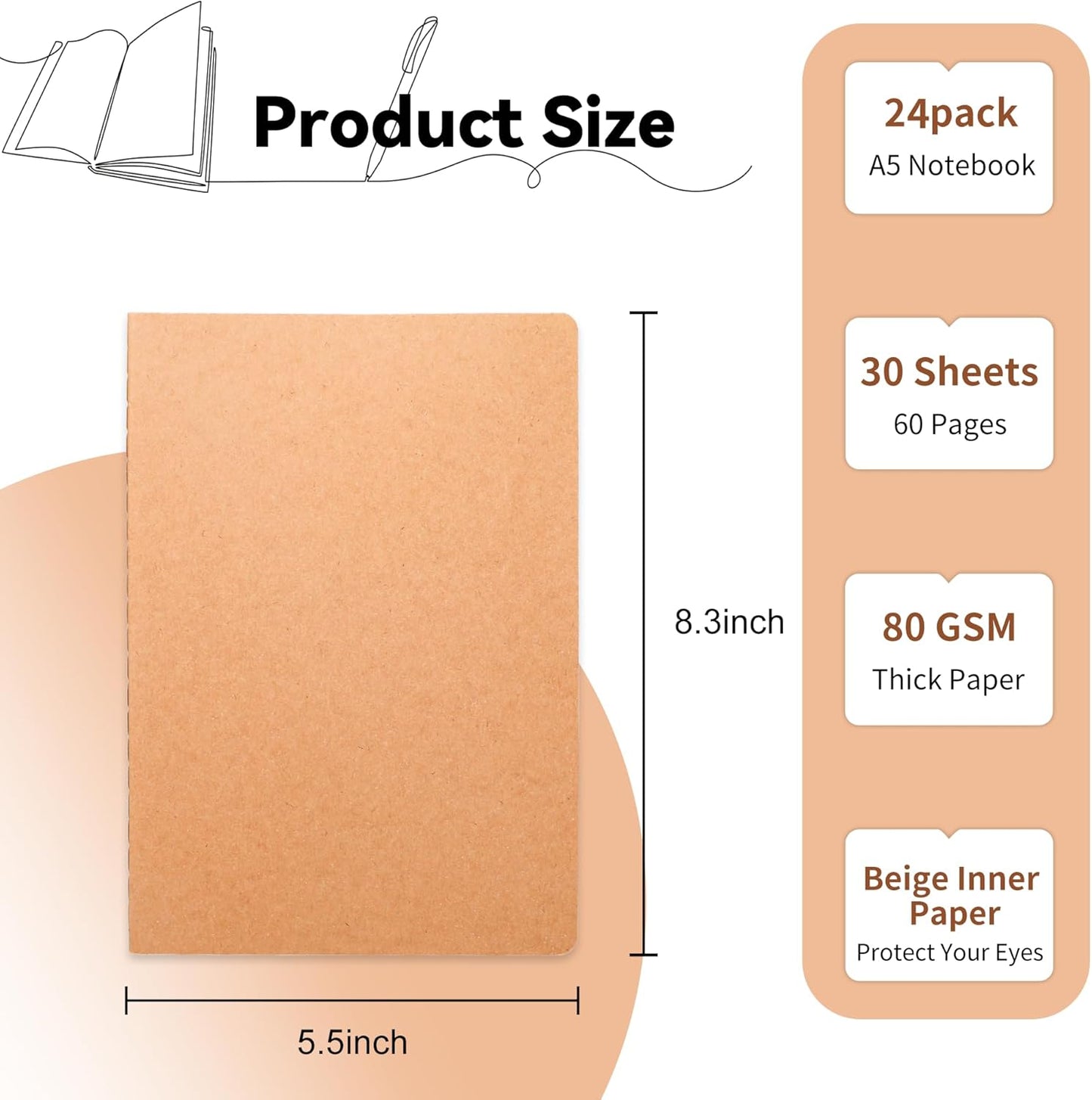 4 Pcs Blank Kraft Notebooks, 8.3X5.5 Inches A5 Small Journals Bulk Blank Notebooks 80 GSM Unlined with 60 Pages for Kids Students School Office Traveler Sketching/Drawing/Writing Supplies,30 Sheets