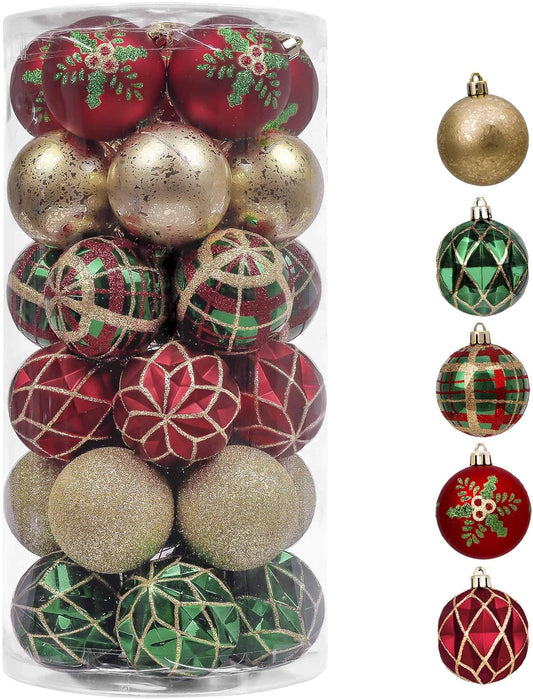 Christmas Ornaments Set, 30Ct Red Green and Gold Shatterproof Christmas Tree Decorations Ball Ornaments Bulk, 2.36 Inches Traditional Country Hanging Ornaments for Xmas Trees Decor