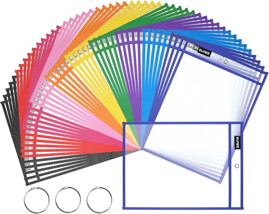 50 Packs Oversized Reusable Dry Erase Pocket Sleeves with 3 Rings, 10 Assorted Colors 10X14 Ticket Holders, Clear Plastic Sheet Protectors, Teacher School Classroom Supplies