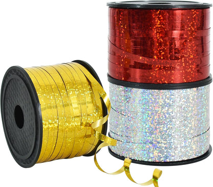 3 Pack 100 Yards Gold Silver Red Ribbon Curling Crimped Glitter Ribbon Balloon String Shiny Metallic Gift Wrapping Ribbon Birthday Party Christmas Art Craft Decoration