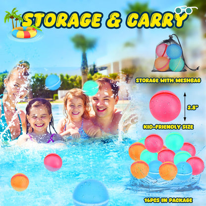 16Pcs Reusable Water Balloons - Quick Fill Water Balls Toys for Kids Age 4-12 - Refillable Magnetic Self-Sealing Water Splash Bomb for Party Outdoor Summer Pool Beach Toys