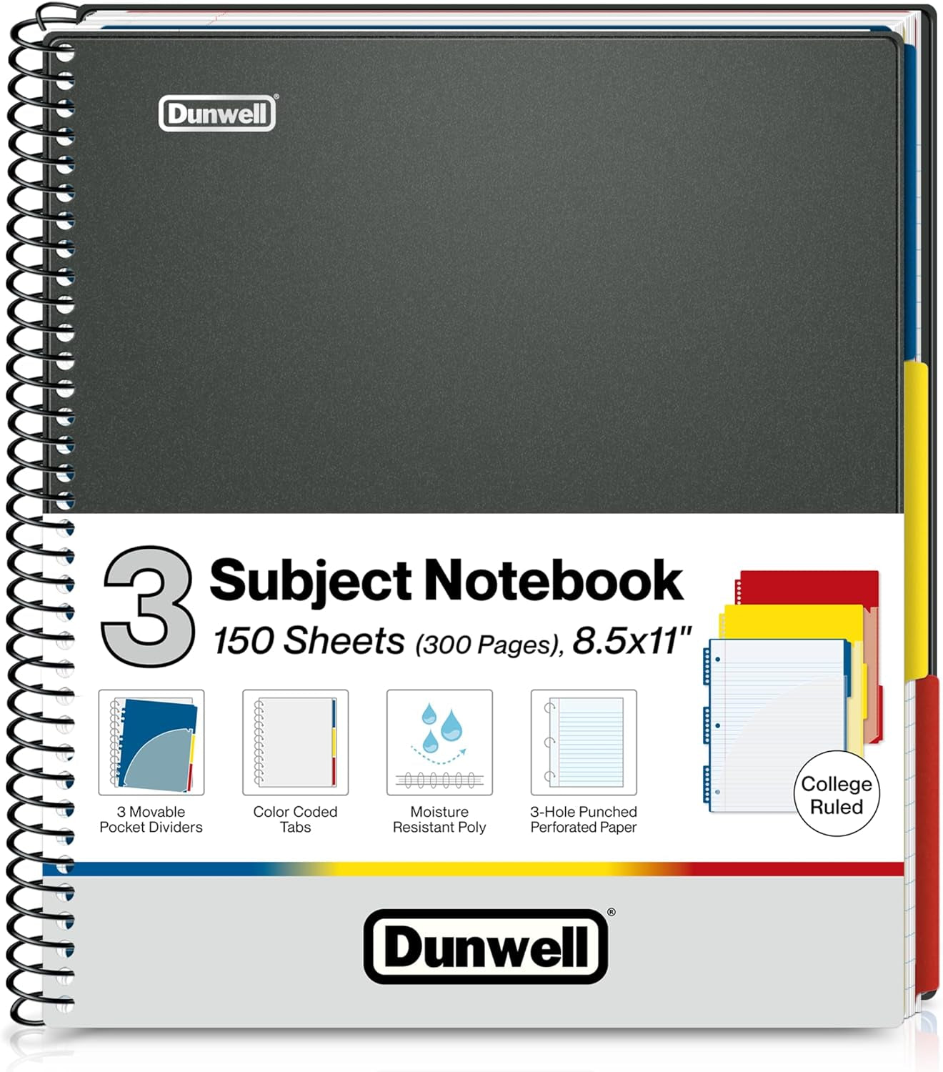 3-Subject Notebook College Ruled 8.5 X 11 (Blue) - 150 Sheets/300 Pages, Spiral Notebook 8.5X11 with Tabs, Movable Dividers, Pockets, Front/Back Plastic Covers, Multi Subject Notebook