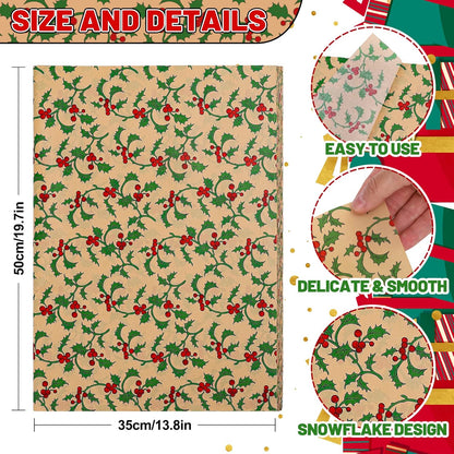 100 Sheets Christmas Tissue Paper Xmas Holy Leaves Red Berries Printed Gift Wrapping Paper Rustic Kraft Art Tissue Paper for Christmas DIY Crafts Gift Bags Winter Party Decor, 13.8 X 19.7"