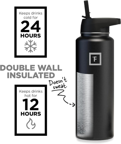 Sports Water Bottle - Wide Mouth with 3 Straw Lids - Stainless Steel Gym & Outdoor Bottles for Men, Women & Kids - Double Walled, Insulated Thermos, Metal Canteen - Midnight Black, 32 Oz