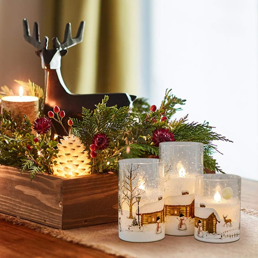 Christmas Tree Glass Flameless Candles with Remote Timer Battery Operated Real Wax 3D Wick LED Flickering Pillar Candles Christmas Holiday Decor(Gold, 3 X 4,5,6 Inch)