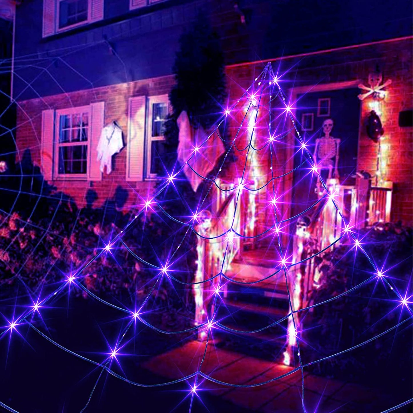 Halloween Decorations Outdoor Giant Spider Web Lights with 135 LED Purple & Orange Lights, outside Huge Lighted Black Spider Web Halloween Outdoor Light for Yard Party Haunted House Decor