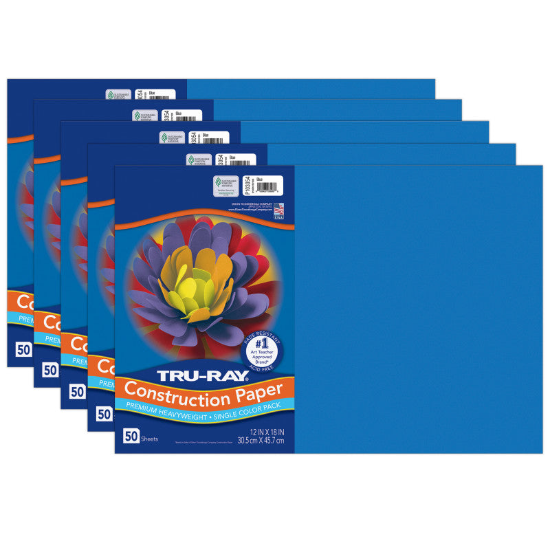 Construction Paper, Heavyweight, Blue, 12" x 18", 50 Sheets Per Pack, 5 Packs
