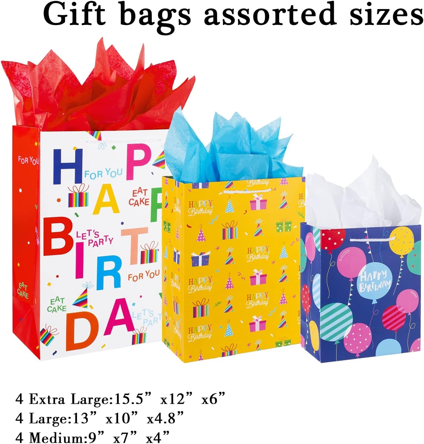 Birthday Gift Bag with Handle and Tissue Paper, 12 Pcs Gift Bags Assorted Sizes and Designs, Large, Medium, Small Size Birthday Gift Bag for Boys, Girls, 13”, 9” )