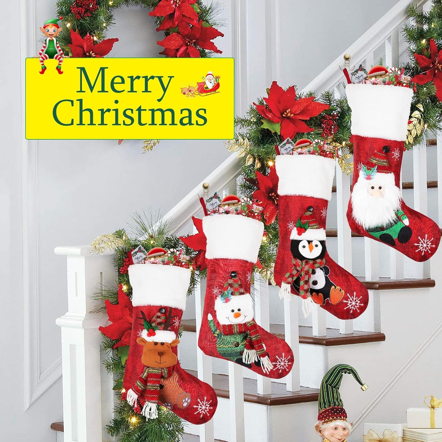 Christmas Stockings 4 Pack, 19'' Xmas Stockings with Snowflake Santa Snowman Reindeer Penguin and Plush Faux Fur Cuff Stockings for Stairs Fireplace Hanging Xmas Home Decor