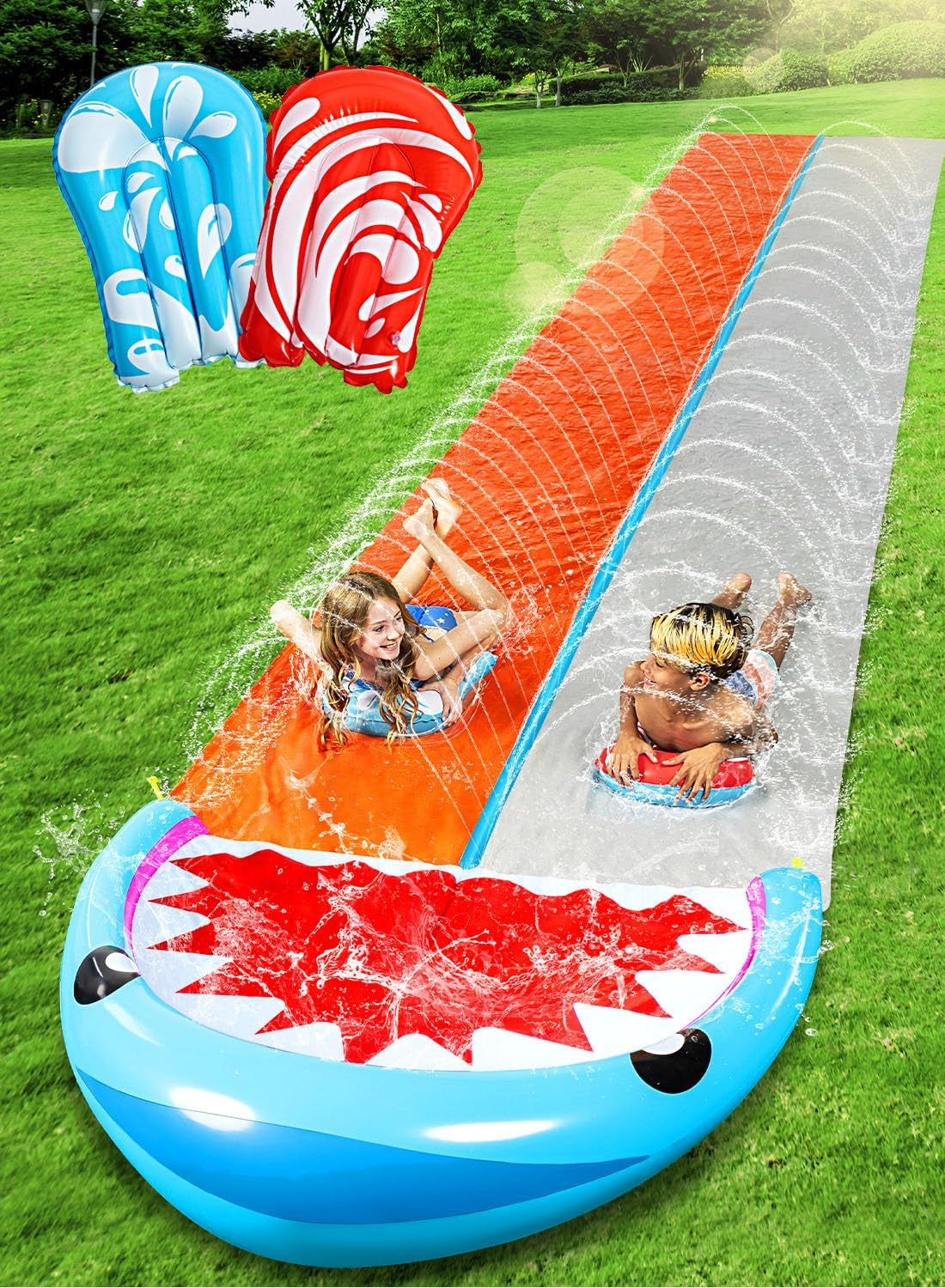 22.5Ft Double Water Slides with 2 Body Boards Backyard Outdoor Slip Lawn Waterslide 2 Sliding Racing Lanes with Sprinklers Summer Water Toy, Orange