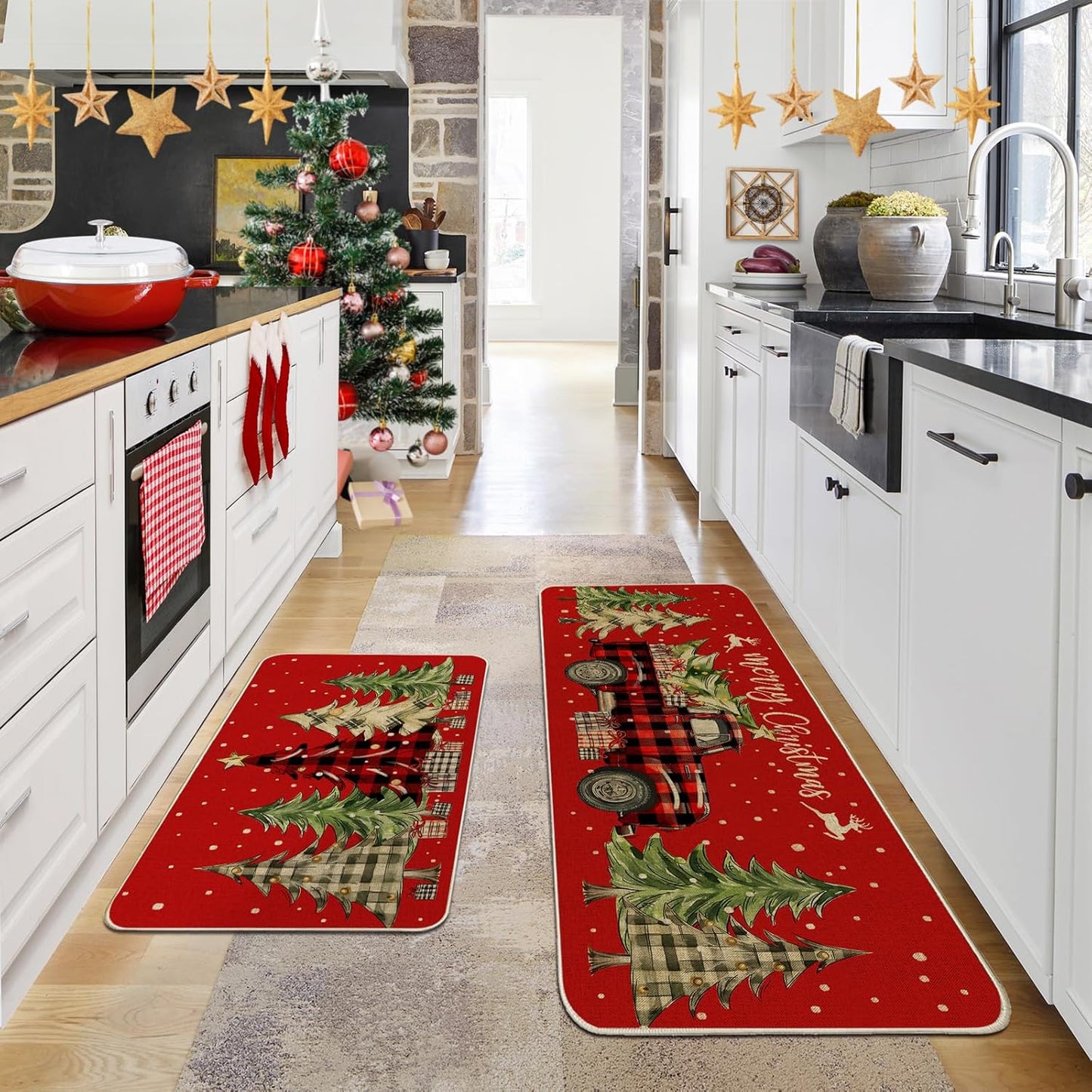 Christmas Kitchen Mats for Floor - Farmhouse Truck Buffalo Plaid Christmas Kitchen Decor - Red Christmas Kitchen Rugs Set of 2, Christmas Decorations for Home, Indoor 17"X27+17"X47"