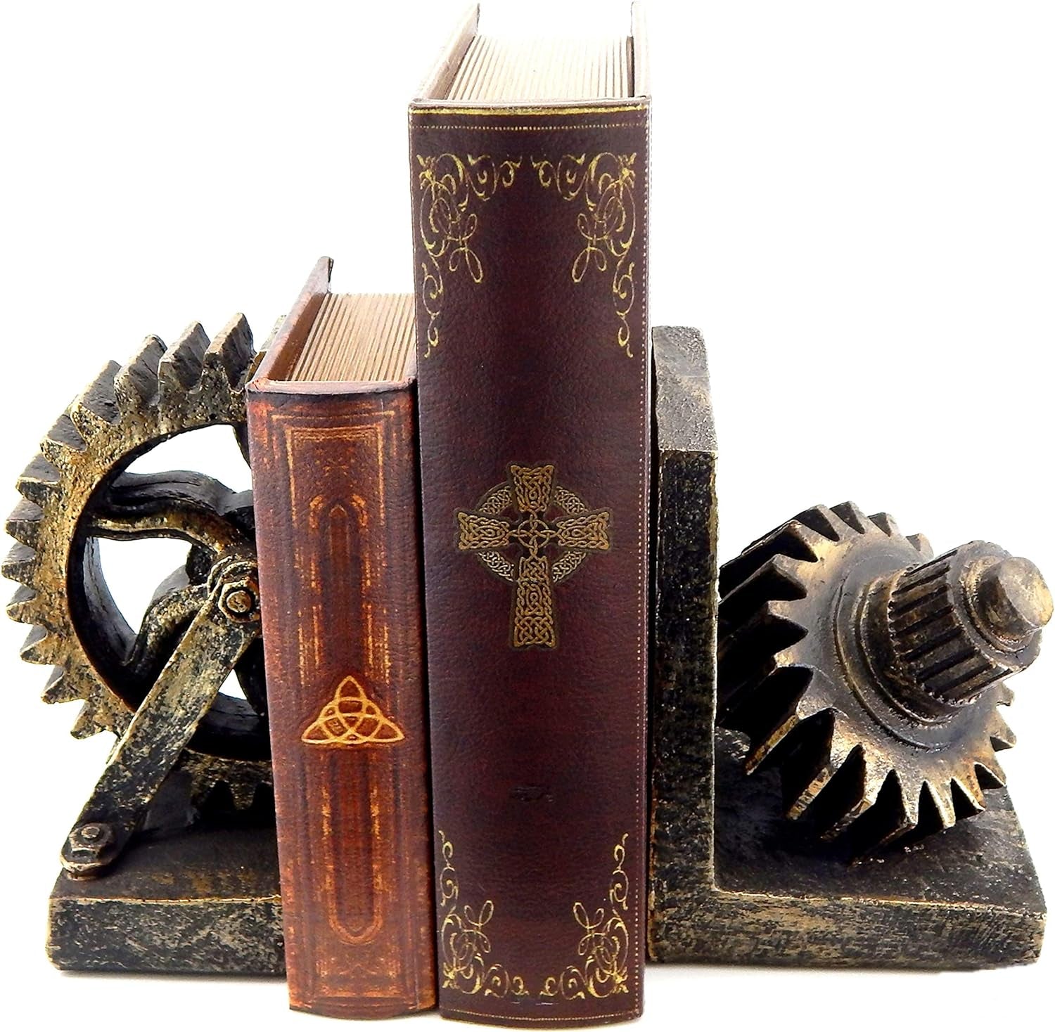 Decorative Bookend Gear Book Ends Industrial Rustic Vintage Unique Heavy Statues Bookshelves Support Home Decor Accents (Large)