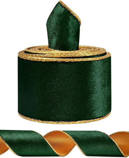 Green Wide Velvet Ribbon Wired for Christmas Tree, Garland, Wreath, 2.5 Inch 5 Yards