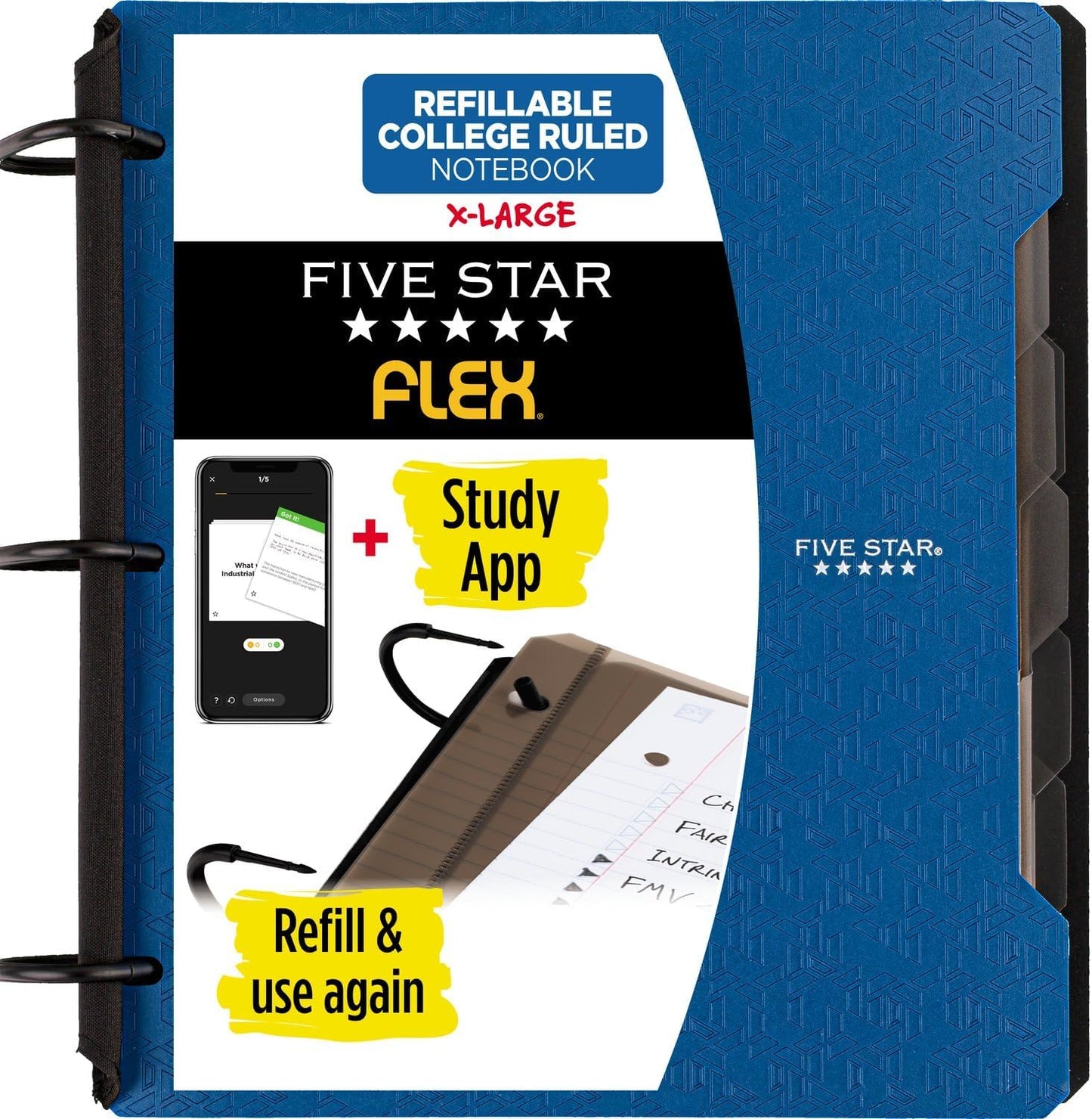 Flex Refillable Notebook + Study App, College Ruled Paper, 1-1/2 Inch Techlock Rings, Pockets, Tabs and Dividers, 300 Sheet Capacity, Black (29324AA2)