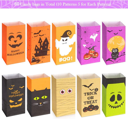 Halloween Treats Bags Party Favors 80 Pcs Kids Halloween Candy Bags for Trick or Treating + 84 Pcs Halloween Stickers, Mini Paper Gift Bags for Treats Snacks, Halloween Goodie Bags Party Supplies