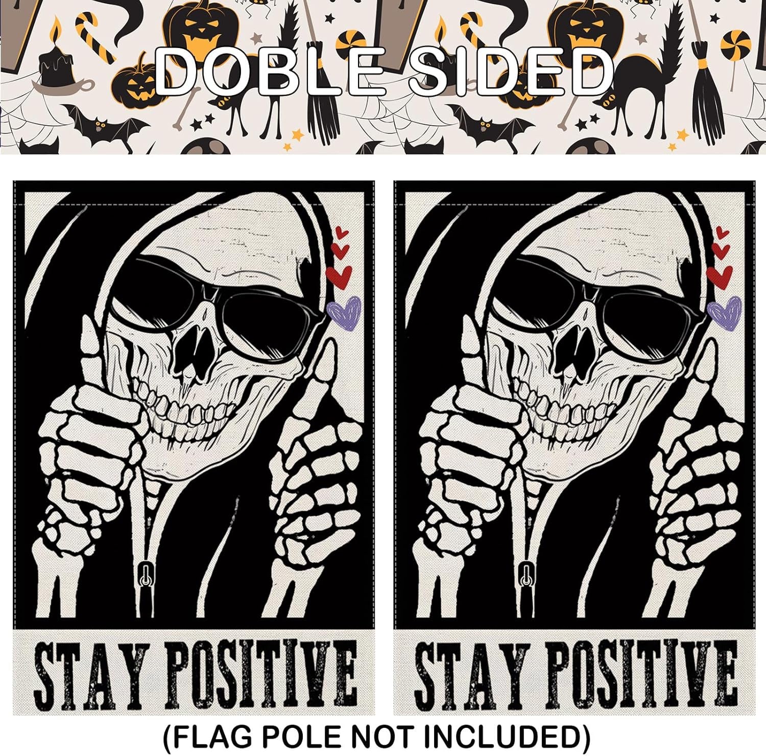 Halloween Garden Flags for outside Decoration, STAY POSITIVE Funny Skeleton Small Yard Flag for Outdoor Decor 12X18 Inch Vertical Double Sided