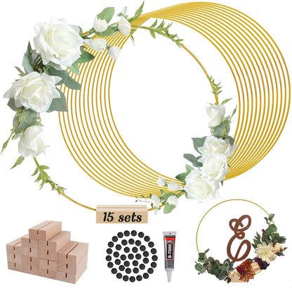 15 Pcs 12Inch Metal Floral Hoop Wreath Centerpiece Table Decorations with 15 Pcs Place Card Holders, Gold Craft Hoop Rings for DIY Wedding Decorations, Wall Hanging Crafts, and Dream Catchers