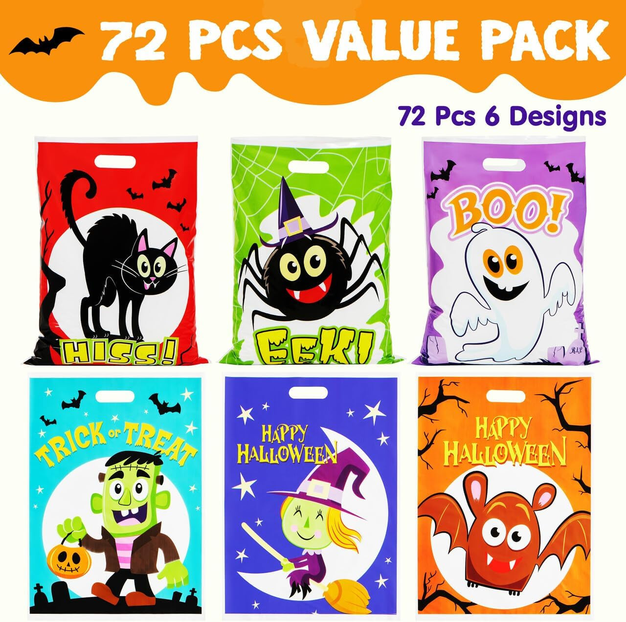 Halloween Candy Bag for Trick or Treat, Halloween Treat Bags with 6 Designed Characters, Halloween Plastic Goodie Gift Bags for Party Favors Party Supplies