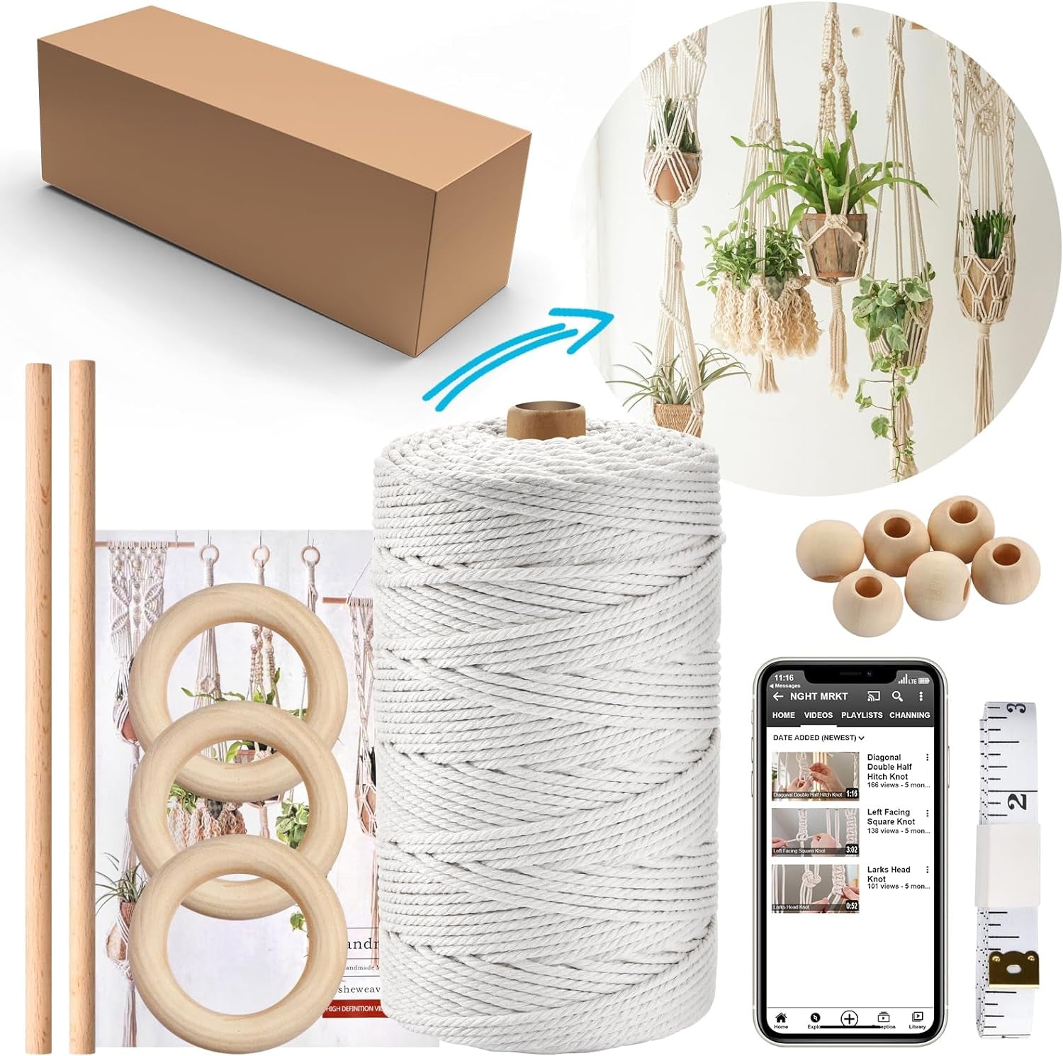121Pcs Macrame Kit, Macrame Supplies 3Mm X 109Yards Macrame Cord for Macrame Kits for Adults Beginners, with Accessories like 100Pcs Beads and 10Pcs Wooden Rings for Macrame Plant Hanger Kit